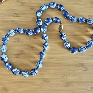Vintage Chinese Blue White Porcelain Knotted Necklace